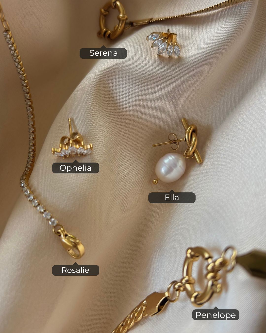 Gold jewelry set including earrings and necklaces on a beige fabric background